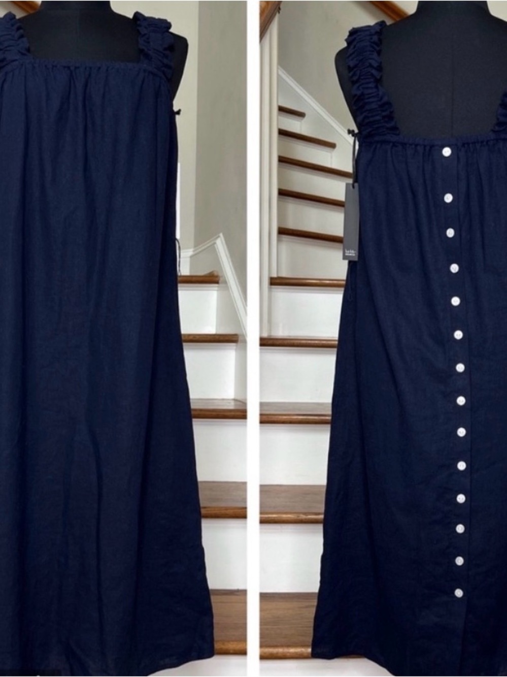 Nicole Miller Navy Linen-Blend Midi Button Back Belted Dress Small
